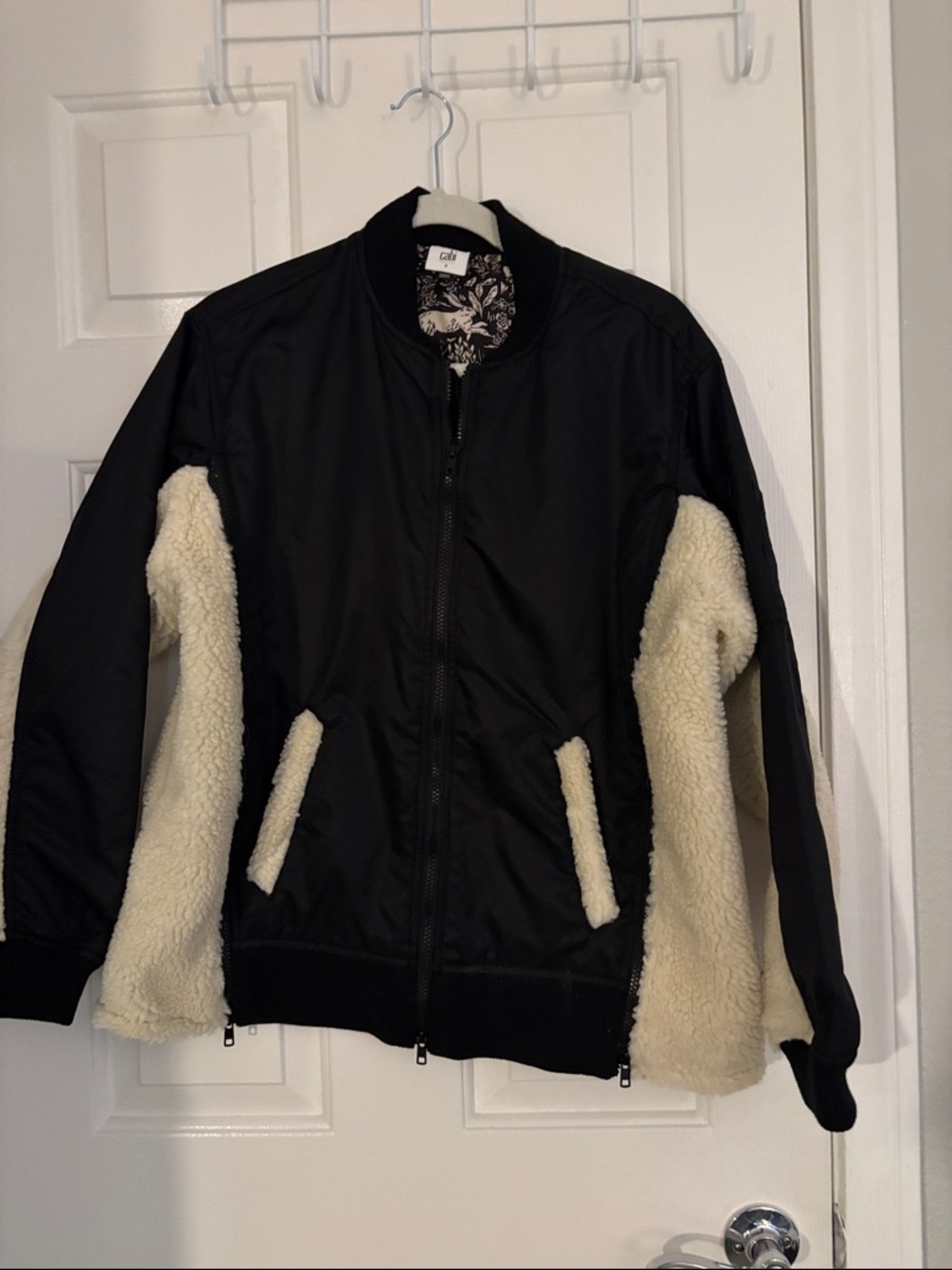 CAbi Black Bomber Jacket with Cream Sherpa Panels